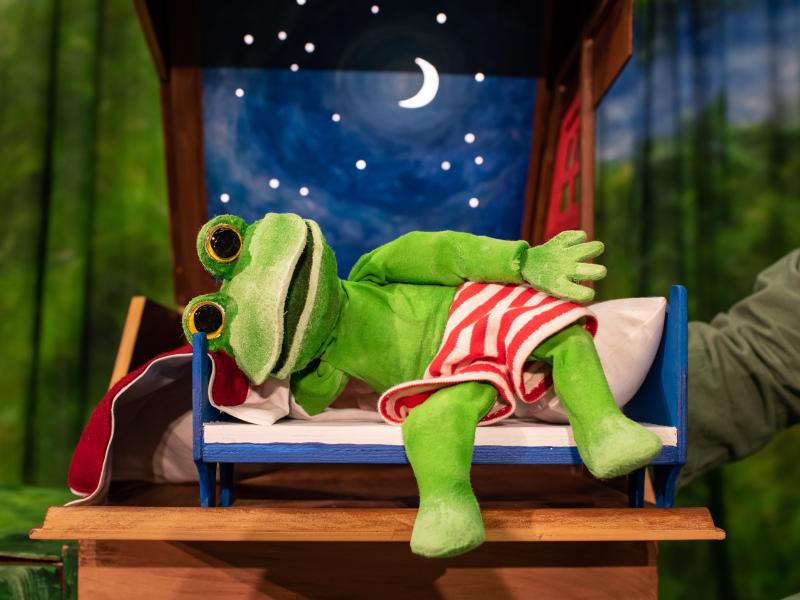 Foto af Frø, der ligger på scenen i sin seng