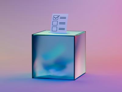 3D-illustration af en stemmeurne med en stemmeseddel med afkrydsningsfelter.