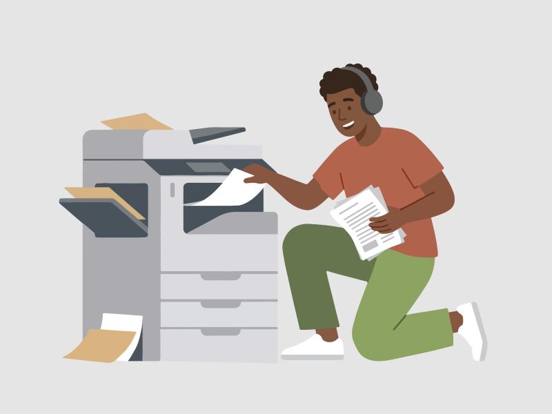 Illustration af en fyr, der lægger nyt papir i en stor pringer