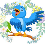 en tegning af en blå fugl der synger midt i en krans af blomster