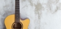 udsnit af et billede med en guitar lænet op mod en væg