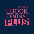 rødligt logo på mørk baggrund for Ebook Central Plus